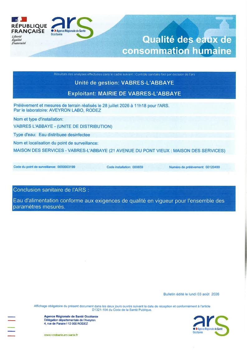 Qualité des eaux - 28 juillet 2026
