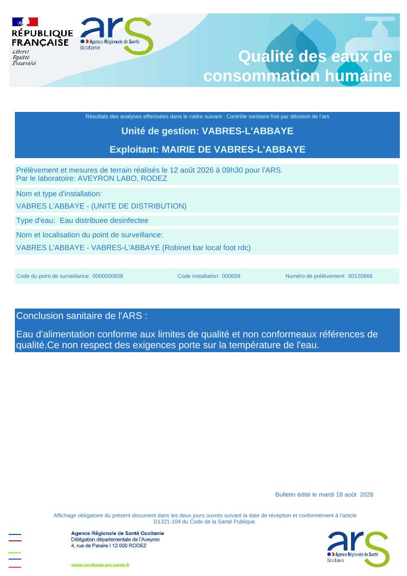 Qualité des eaux - 12 août 2026